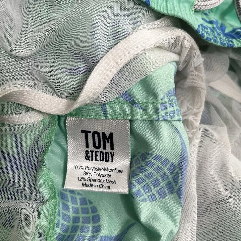 Tom Teddy Swim Trunks Green Blue Pineapple Print Liner Pockets‎ Stretch Summer M